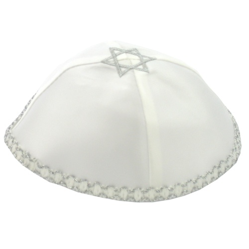 Satin Kippah 20cm- White with Star of David and Silver Around