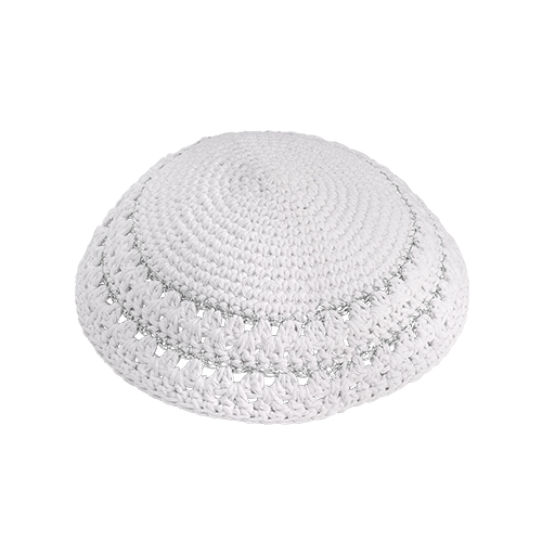 Knitted Kippah 15 cm- White with Holes and Silver Stripes