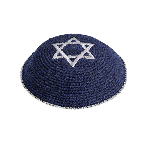 Knitted Kippah Blue Silver m. 16 cm - with Embroidery
