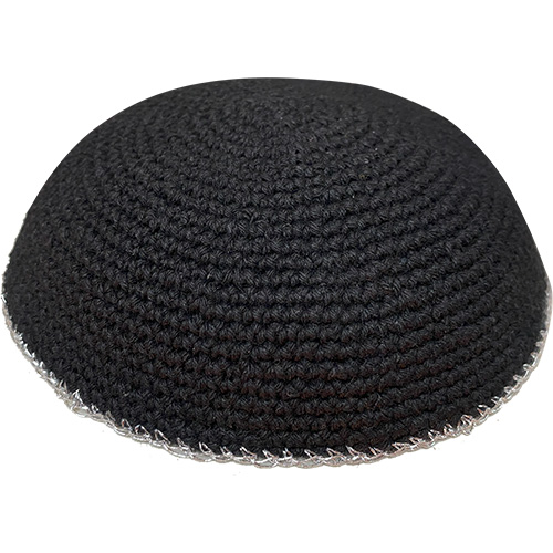 Knitted Kippah 17 cm- Black with Silver Line