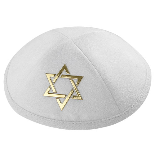 כיפה אולטרא סוויד לבן 19 ס״מ "מגן דויד" זהב ומקום