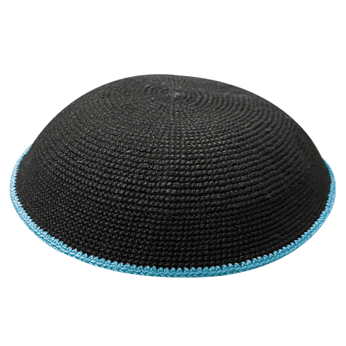 Knitted D.m.c Kippah 18 cm - Black with Blue Rim