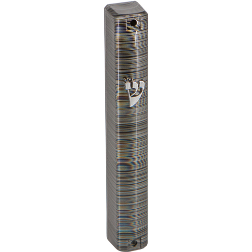 Plastic Mezuzah 12 Cm-3d Metallic Gray Striped Design - Matte