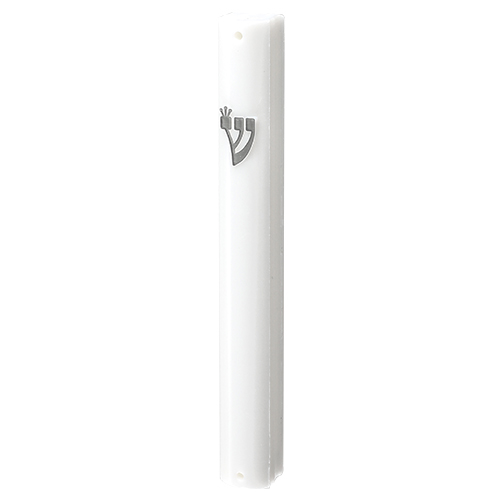 Plastic Mezuzah with Screw 12cm- White with Silver Shin