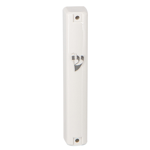 White Plastic Mezuzah with Rubber Cork 12 cm- with Silver Shin