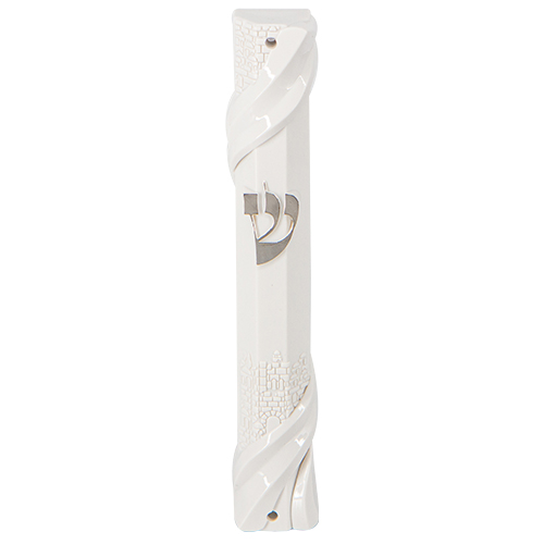 מזוזה פלסטיק 12 ס״מ "ירושלים" לבנה "ש" כסף עם פקק גומי