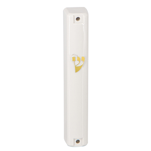 Plastic Mezuzah with Rubber Cork 12 cm- White with Gold Shin