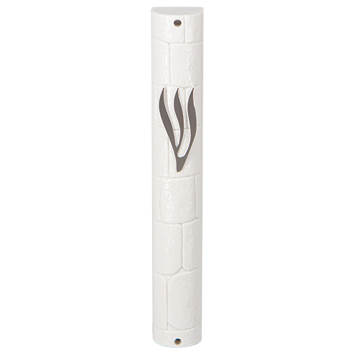 Plastic Mezuzah with Rubber Cork 15 cm- "the Kotel" White with Silver Shin