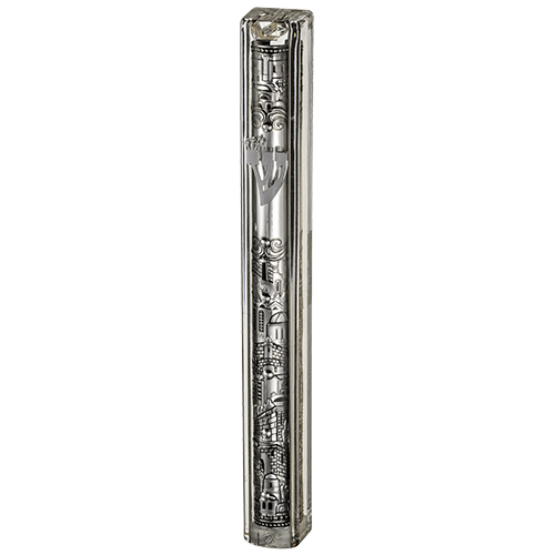 Clear Plastic Mezuzah with Rubber Cork 12 cm- with the Letter Shin and Plaque - Silver