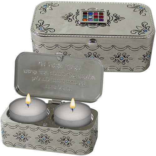 Nickel Travel Size Candlesticks in a Box with Cover 3x9 cm Inlaid with Choshen Stones