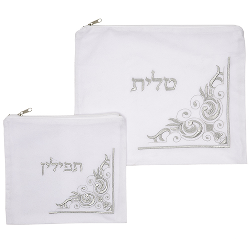 Velvet Talit-tefilin Set 36*29, White with Embroidery