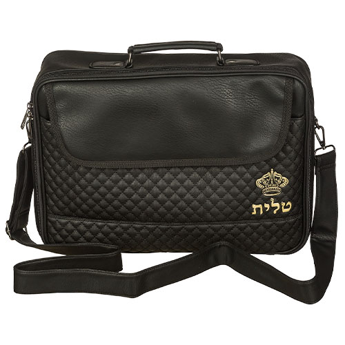 PU Leathere Fabric Talit 43*36 cm with Handle- Black with Embossed Letters