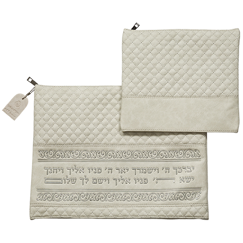 Leatherette Tallit - Tefillin Set 36*29 cm Gray with Embossed Texture - Silver