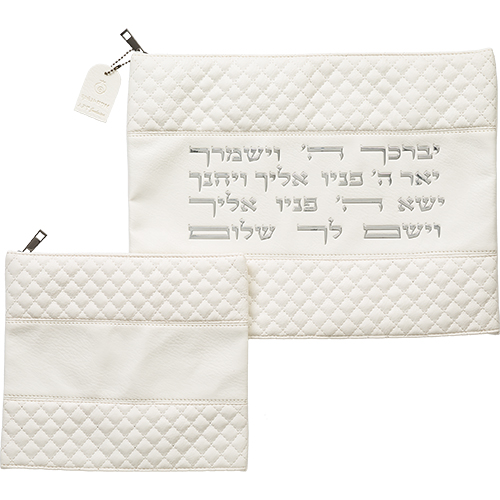 Leatherette Tallit & Tefillin Set 38*31 cm - White with Embossed Letters - Silver