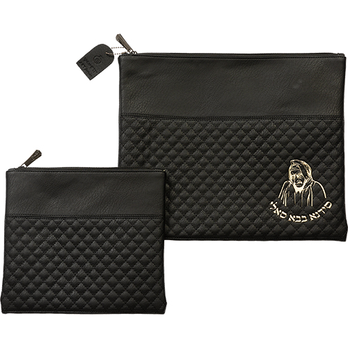 Leatherette Tallit - Tefillin Set 36*29 cm with Embossed Logo - Black - Gold
