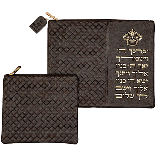 Leatherette Tallit - Tefillin Set 36*29 cm Black with Embossed Letters - Brown
