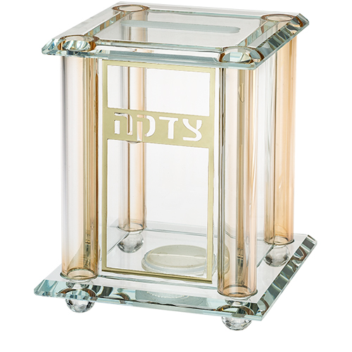 Crystal Tzedakah Box 13*9 cm with Plate - Gold