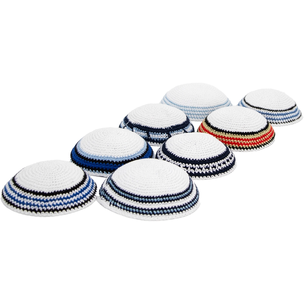 כיפה סרוגה דגמים מעורבים - רקע לבן - 18 ס"מ - 24 יח... — מבט ראשי