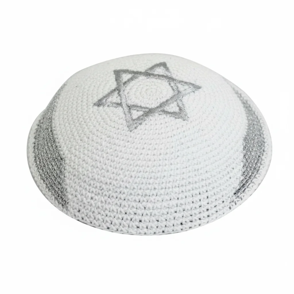 Knitted Kippah 16 cm with Silver Israel Flag Embroidery