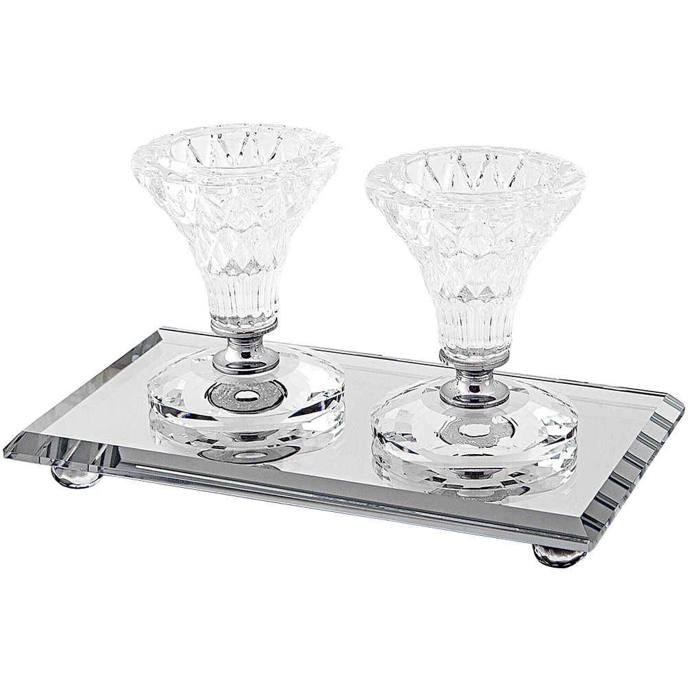 Pair Elegant Crystal Candlesticks 8cm with Elegant Tray 18x10 cm