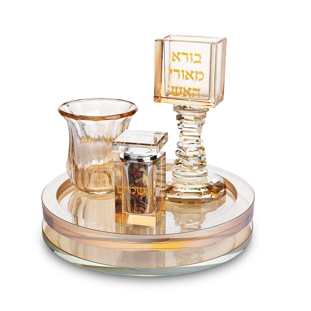 סט הבדלה מהודר מקריסטל זהב עם מגש מסתובב 20 ס״מ