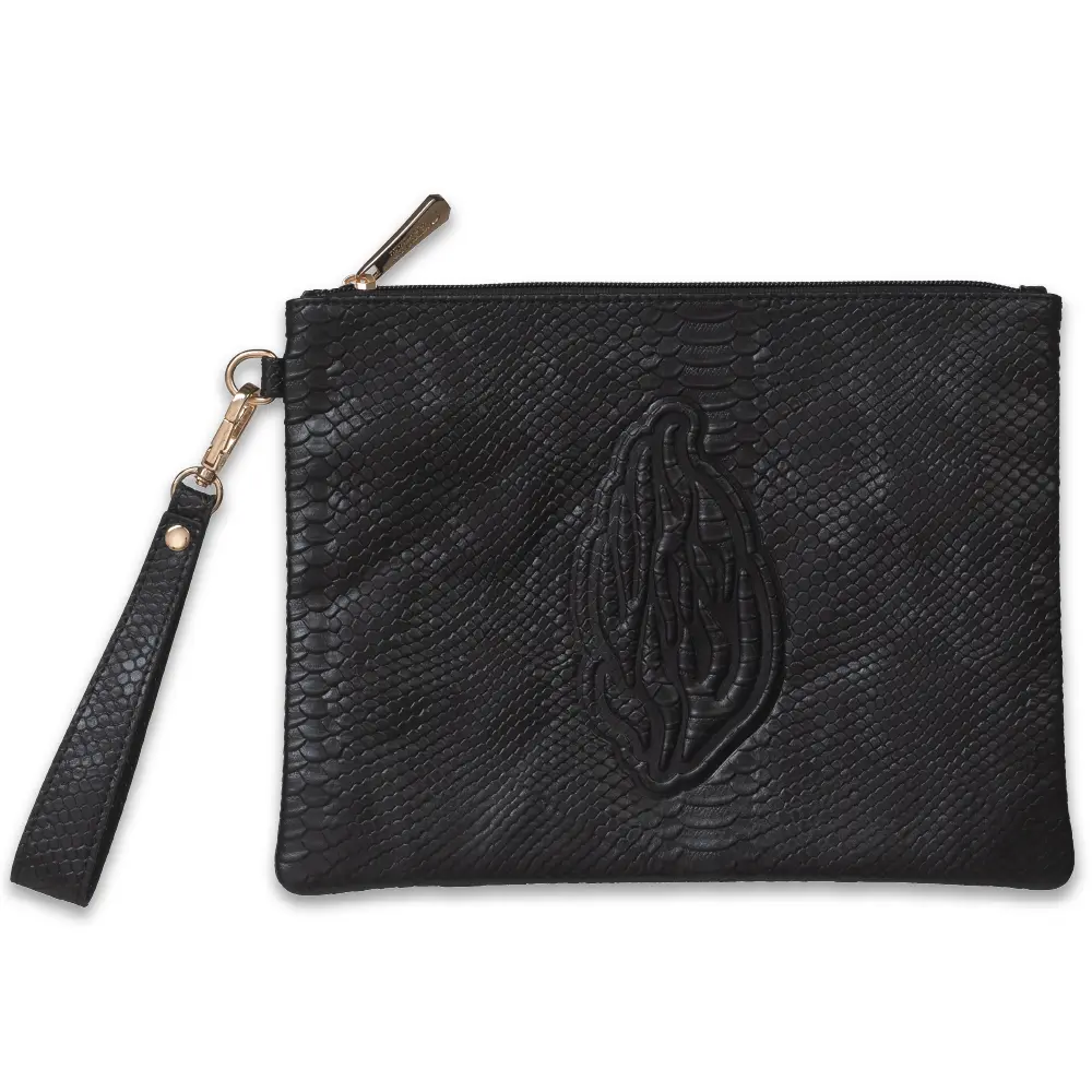 Leatherette Tefilin Clutch Bag with Embossed Logo 26.5x20.5cm - Black Snake-skin