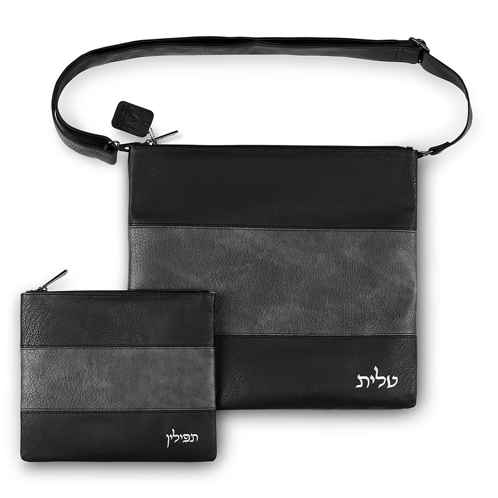 Faux Leather Tallit Tefillin Set 36x34 cm, Black&gray with Embroidery