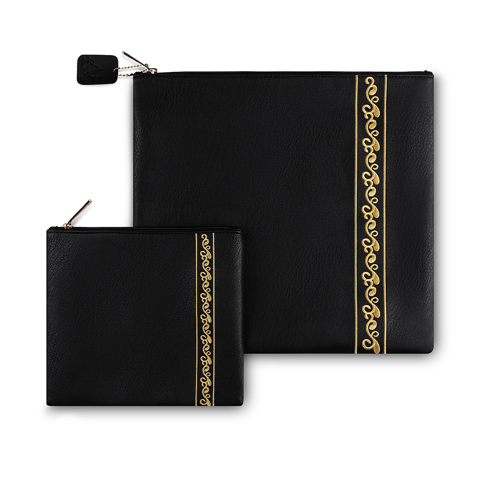 Faux Leather Tallit Tefillin Set 36x34 cm, Black with Embroidery