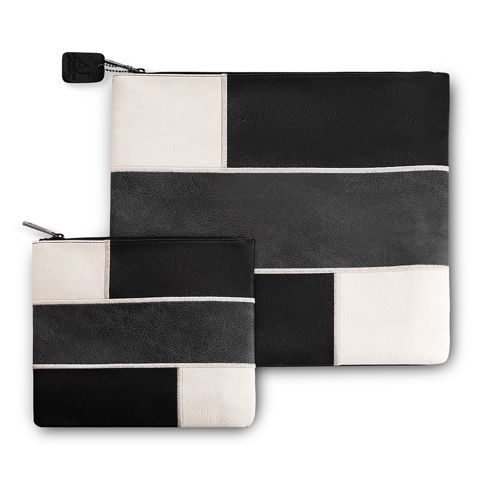 Faux Leather Tallit Tefillin Set 36x34 cm, Black Gray and White