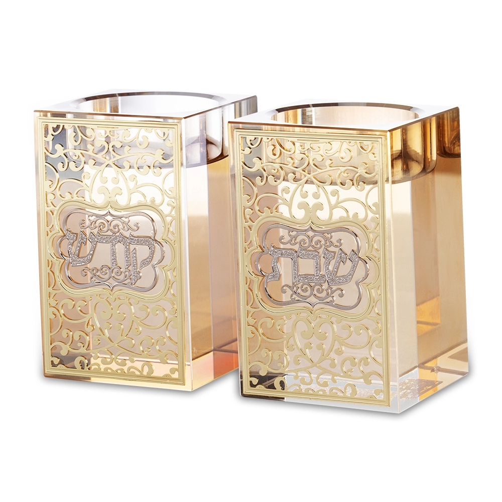 Crystal Candlesticks with Metal Plaque - Gold